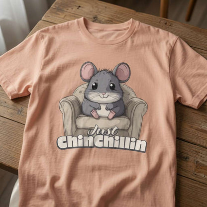 Peach Just Chinchillin t-shirt on wood, cheeky chill cute ladies rodent pun shirt