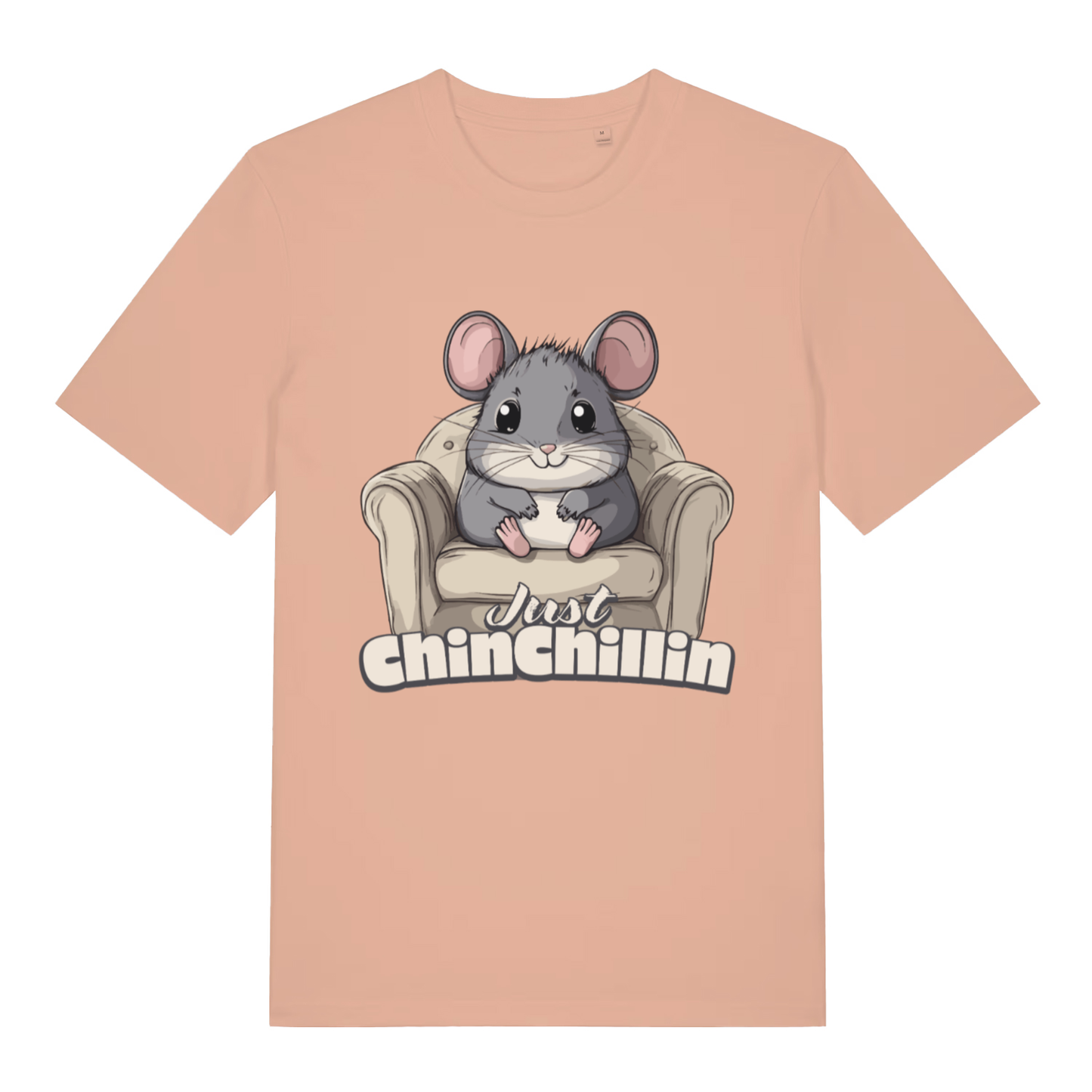 Peach women's Chinchillin T-shirt flat lay featuring adorable kawaii chinchilla relaxing design