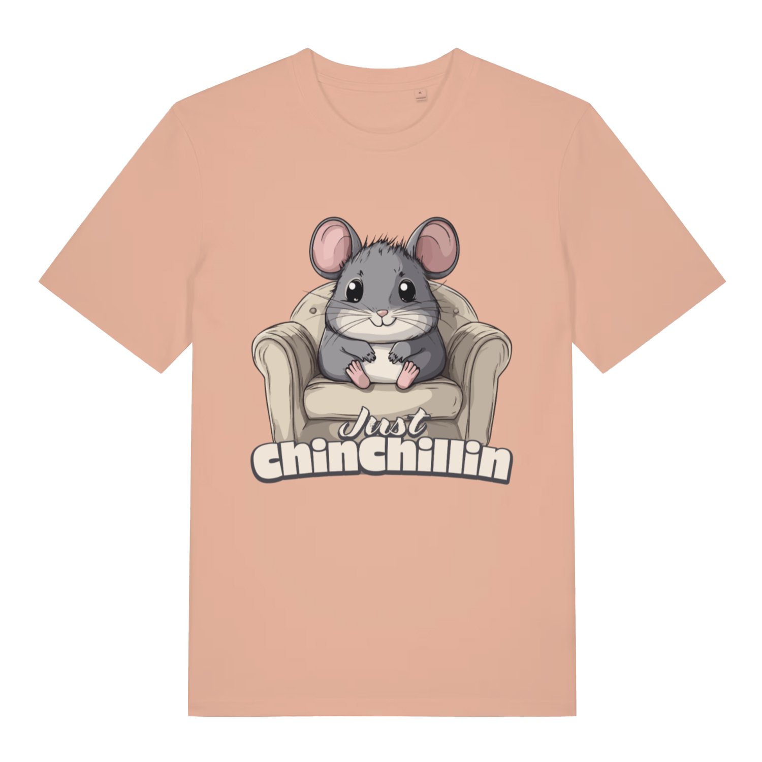 Peach women's Chinchillin T-shirt flat lay featuring adorable kawaii chinchilla relaxing design