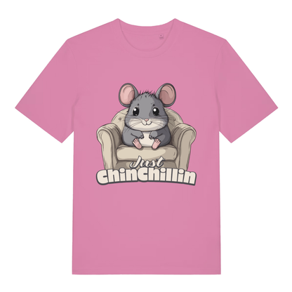 Pink women's Chinchillin T-shirt flat lay showing cheeky funny rodent pun illustration