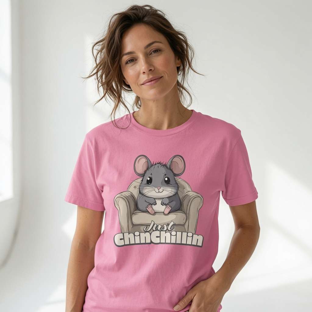 Woman in pink Just Chinchillin tee, funny graphic chinchilla pun gift