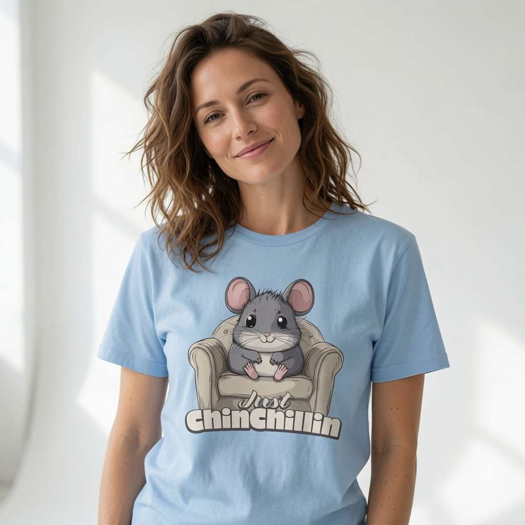 Woman in sky blue Just Chinchillin t-shirt, funny cheeky kawaii chinchilla graphic tee