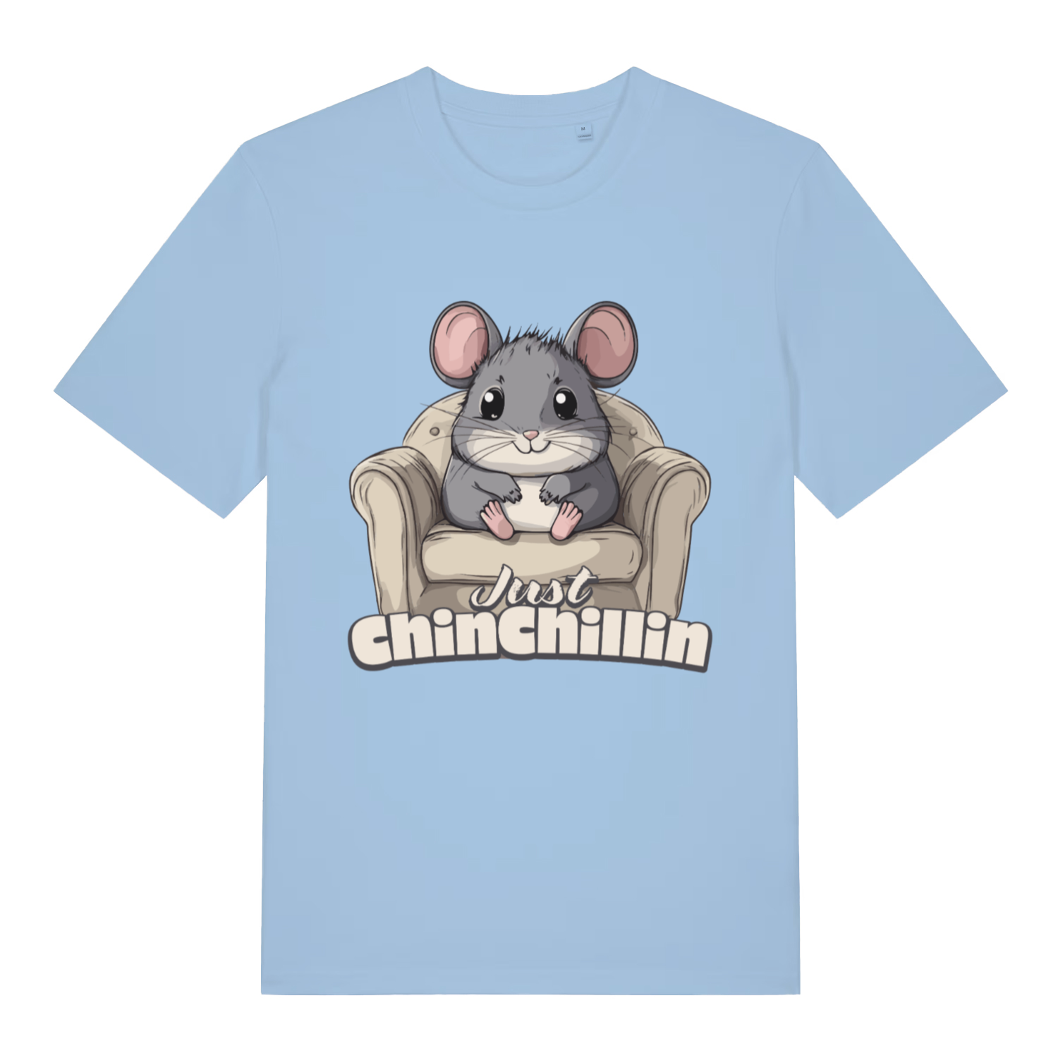 Sky blue women's Chinchillin T-shirt flat lay with bold cute chinchilla armchair graphic on ladies fit