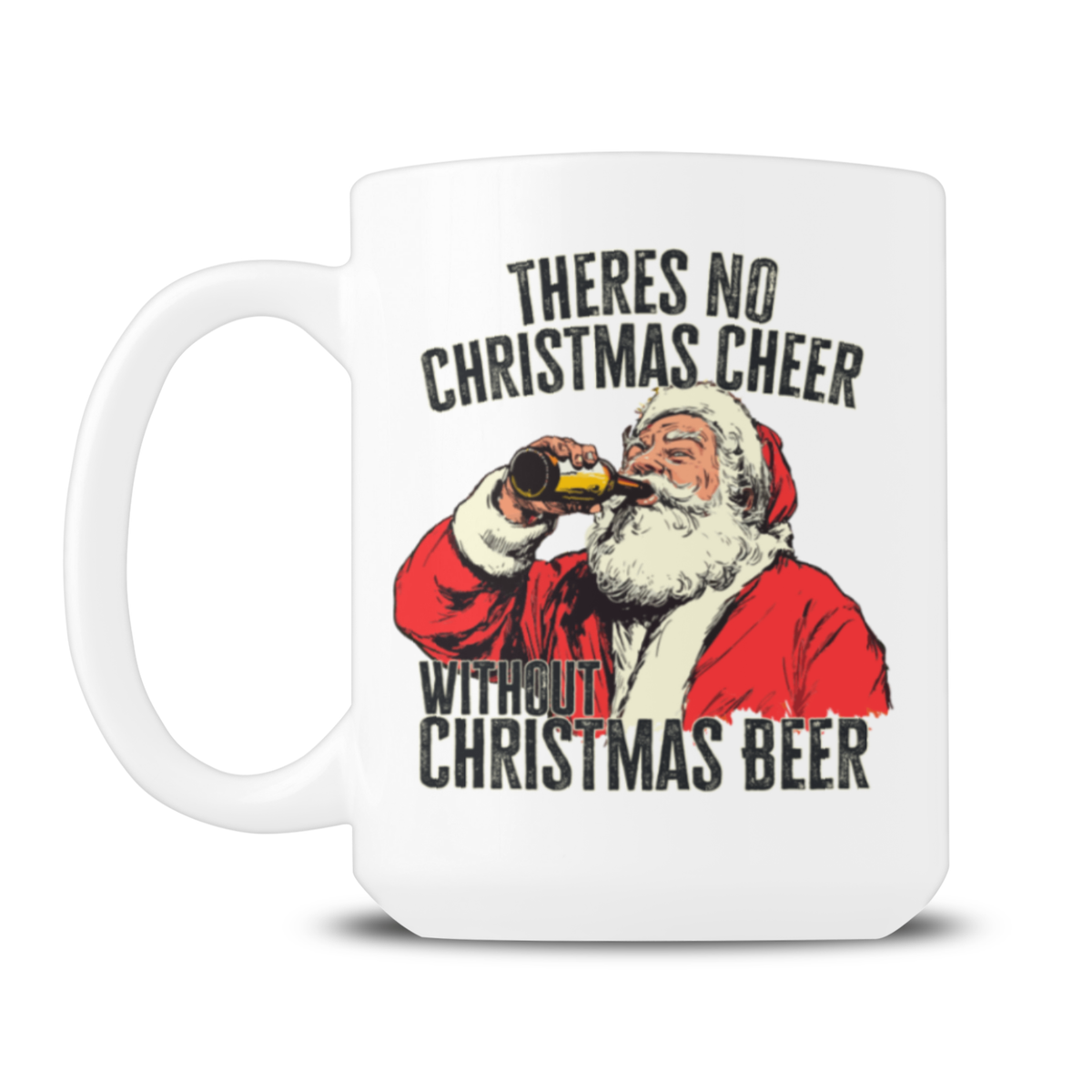 White mug featuring a vintage-style Santa Claus drinking beer beneath the slogan “There’s no Christmas cheer without Christmas beer,” with a humorous, festive tone.