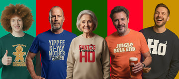 Five people wearing humorous Christmas T-Shirts and colorful Christmas Jumpers with funny text on a multicolored background