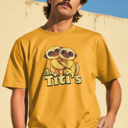 Person wearing a mustard yellow funny animal t-shirt with cartoon titi monkeys and the slogan Cute Titis.