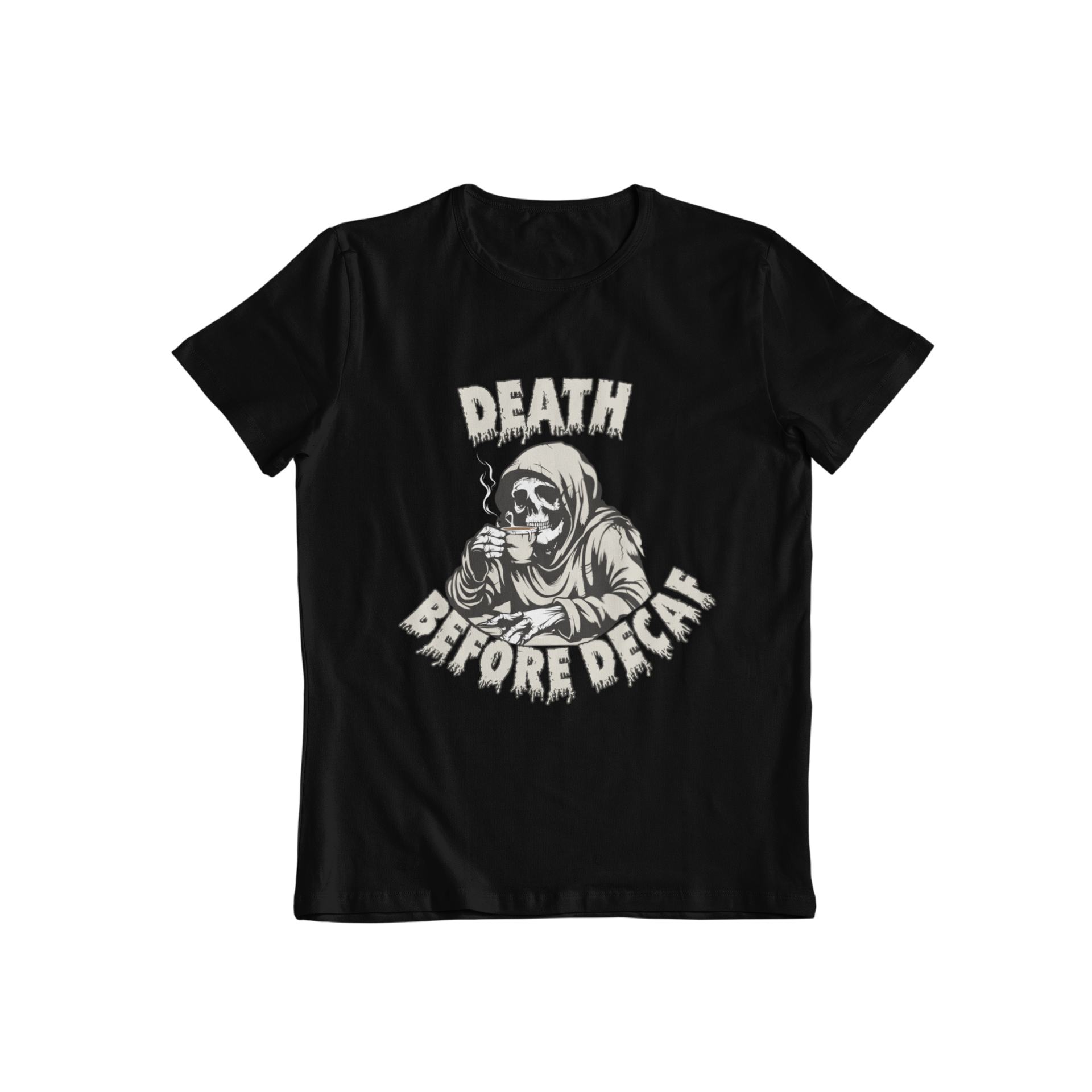 Embrace your love for caffeine with our Death Before Decaf t-shirt! This classic graphic tee features the grim reaper, reminding you to never settle for a mediocre cup of coffee. Perfect for those who take their coffee seriously. Don't fear the reaper, fear bad coffee!