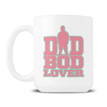 A white ceramic mug with a pink and teal graphic that reads 'DID BOD LOVER' with a silhouette of a person integrated into the design, shown on a plain white background.