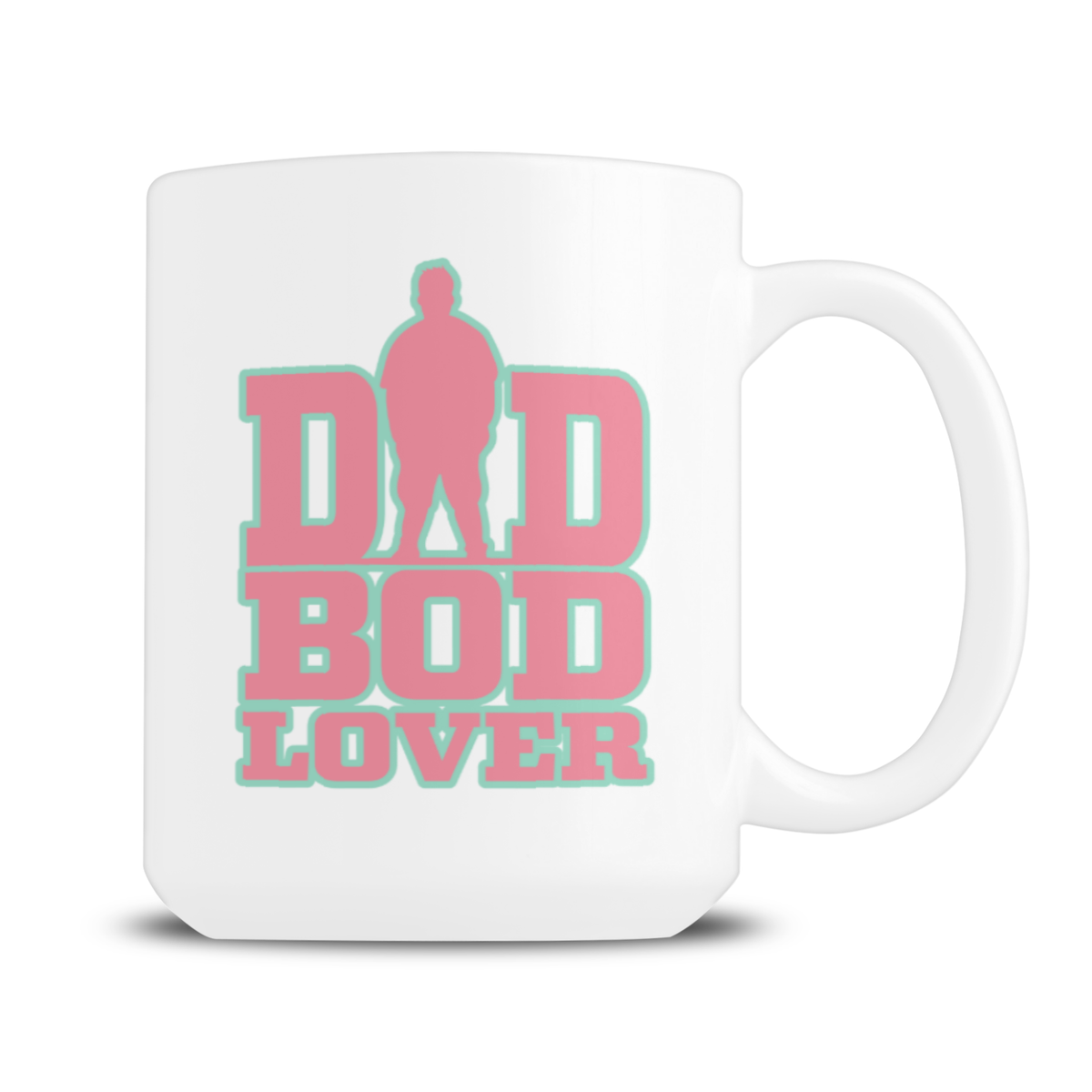 A white ceramic mug with a pink and mint green graphic that reads 'DAD BOD LOVER' with a silhouette figure integrated into the design, shown on a clean white background.