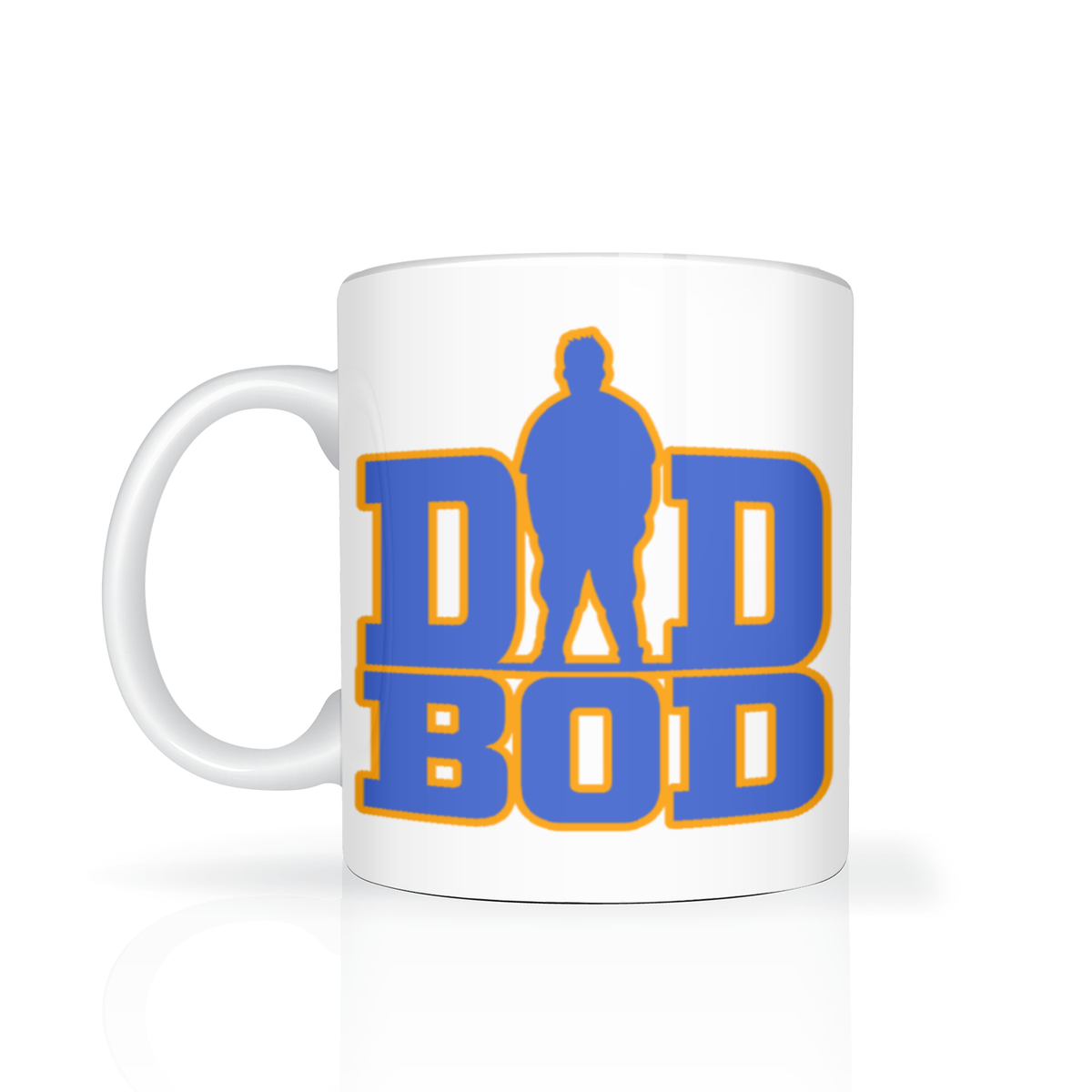 A white ceramic coffee mug featuring a bold graphic design on the front. The design displays the text 'DAD BOD' in a blue block font with a yellow-orange outline, and a dark blue silhouette of a person standing inside the letters.