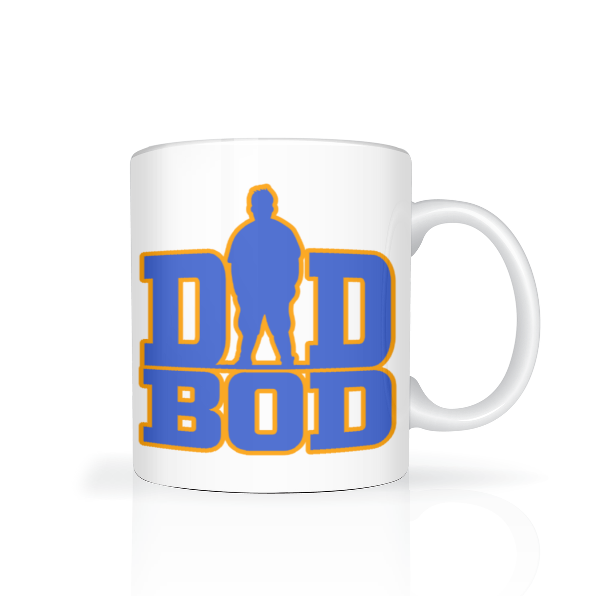 A white ceramic mug featuring a bold graphic print that reads 'DAD BOD' in blue letters with a yellow-orange outline, and a blue silhouette of a person integrated into the lettering.