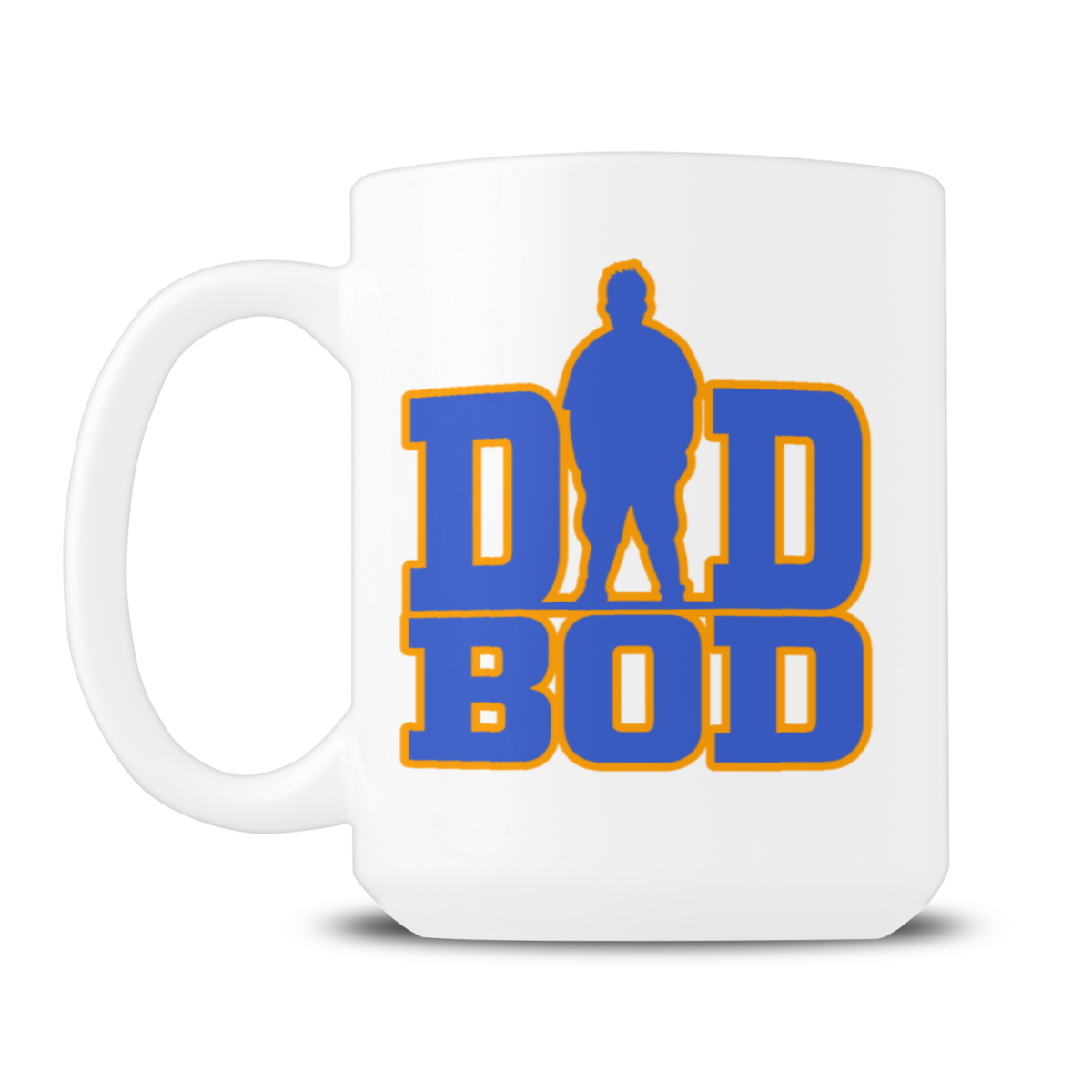 A white ceramic coffee mug featuring a bold graphic design on the front. The design displays the text 'DAD BOD' in blue block letters with a yellow-orange outline, where the letter 'A' is replaced by a silhouette of a person.