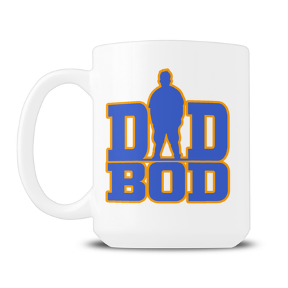 A white ceramic coffee mug featuring a bold graphic design on the front. The design displays the text 'DAD BOD' in blue block letters with a yellow-orange outline, where the letter 'A' is replaced by a silhouette of a person.