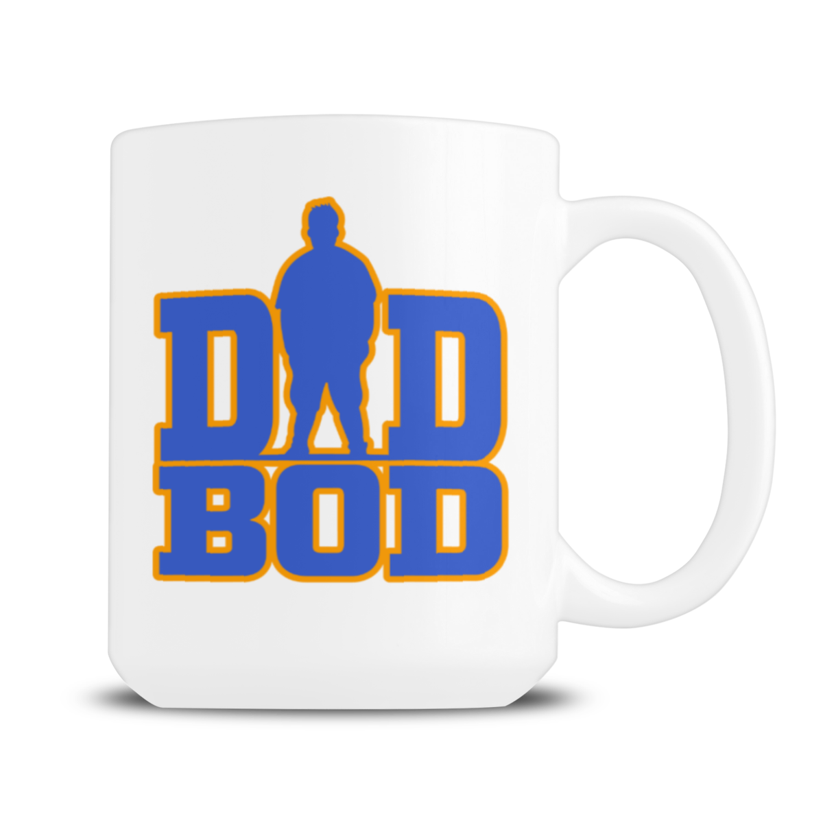 A white ceramic coffee mug featuring a blue and yellow graphic that reads 'DAD BOD' with a silhouette figure integrated into the design.