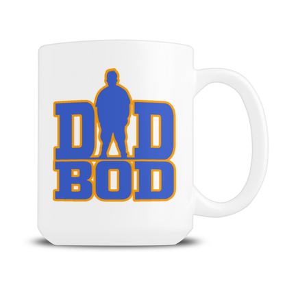 A white ceramic coffee mug featuring a blue and yellow graphic that reads 'DAD BOD' with a silhouette figure integrated into the design.