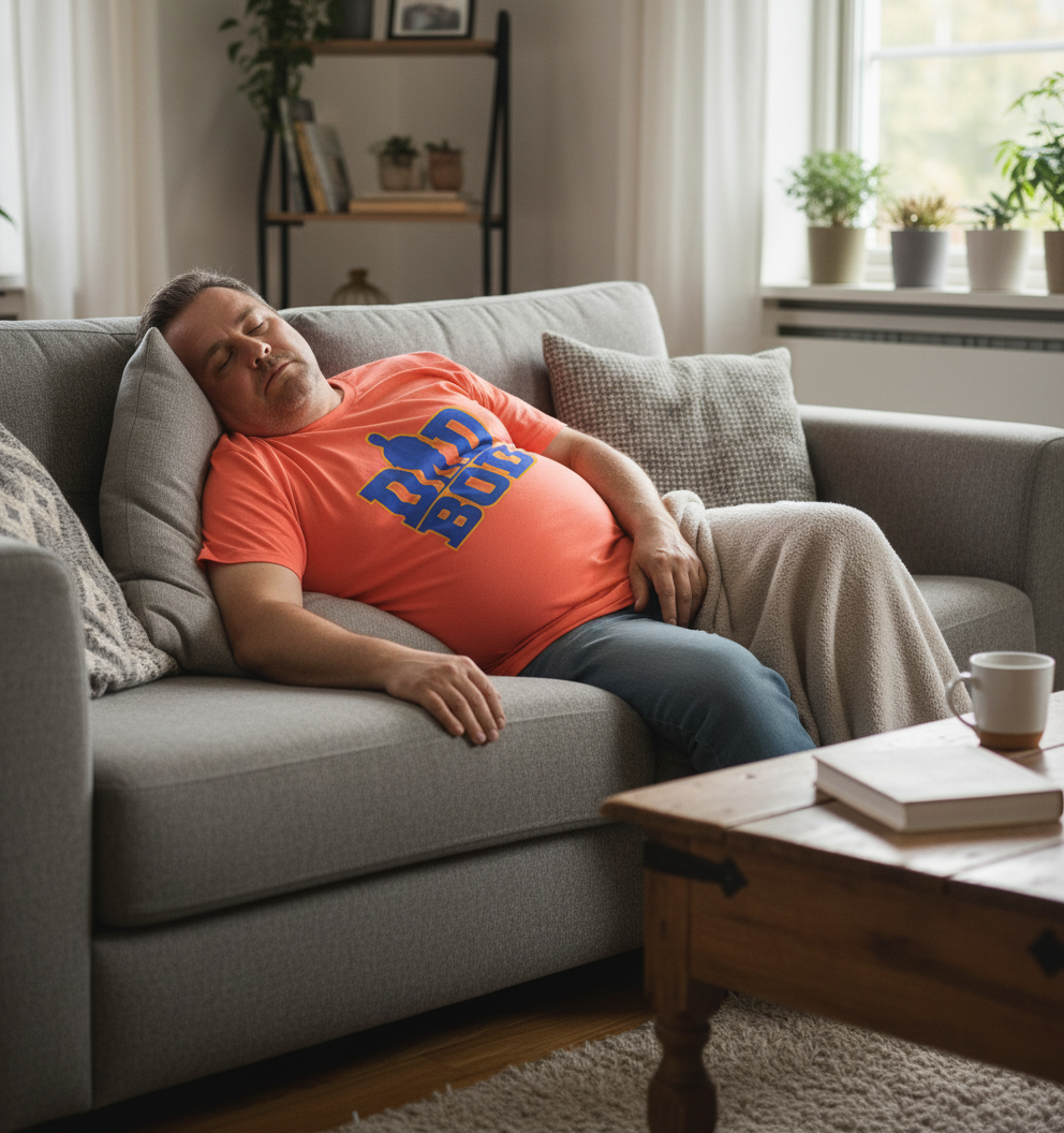 Man wearing an orange dad shirt with blue text, sitting on a gray couch in a living room.