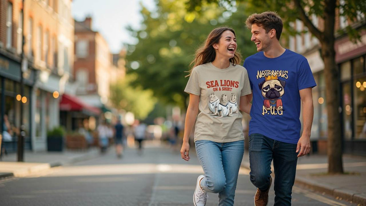 Two people walking down a street, one wearing a 'Sea Lions' t-shirt and the other wearing a 'Pug' t-shirt.