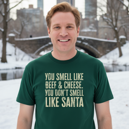 Man wearing a green Funny Christmas t-shirt with the humorous text "You smell like beef & cheese. You don't smell like santa" in a snowy New York setting