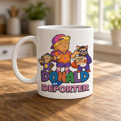 A white mug on a sunlit wooden counter features a satirical cartoon of Donald with two figures and the words “Donald the Deporter,” in bright colors.