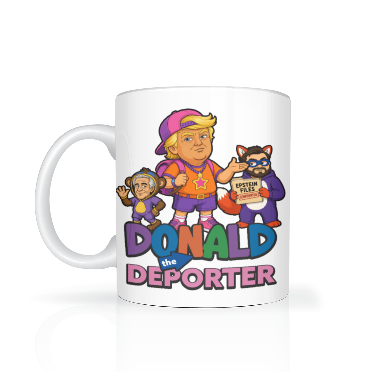 White ceramic mug featuring a cartoon of Donald T as a colorful, star-clad explorer, flanked by figures holding “Epst. Files” papers; bold, satirical tone.