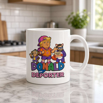 White coffee mug on a marble kitchen counter, printed with a cartoon parody of Donald T as an explorer alongside two figures, with bold “Donald the Deportor” lettering; playful political satire.