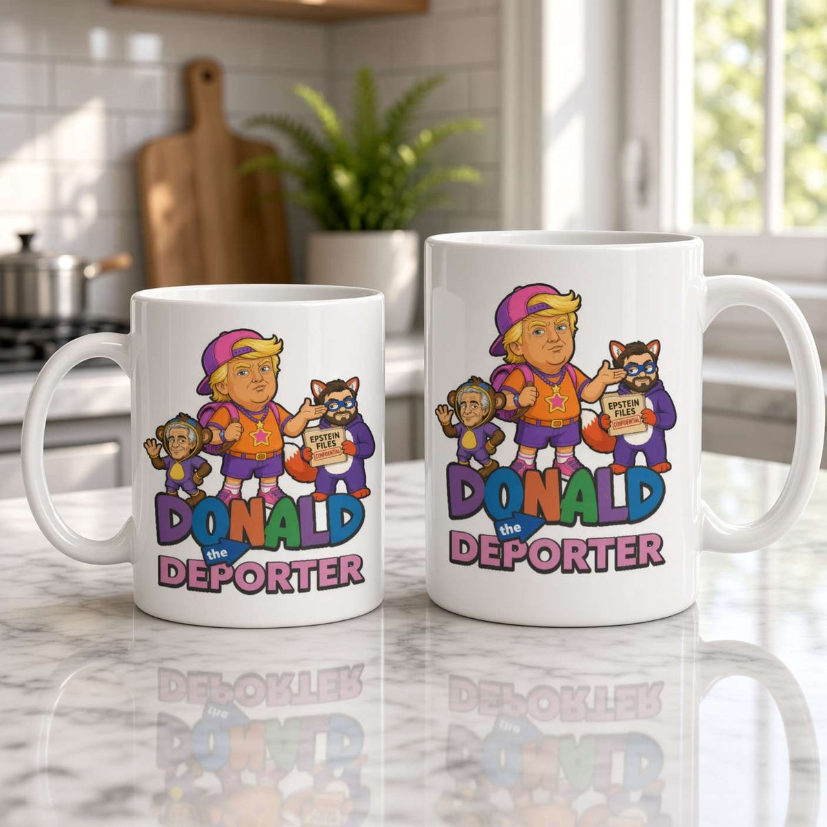 Two white mugs on a reflective kitchen counter show cartoon Donald T in a purple outfit beside children, with bold “Donald the Deporter” text; playful, satirical tone.