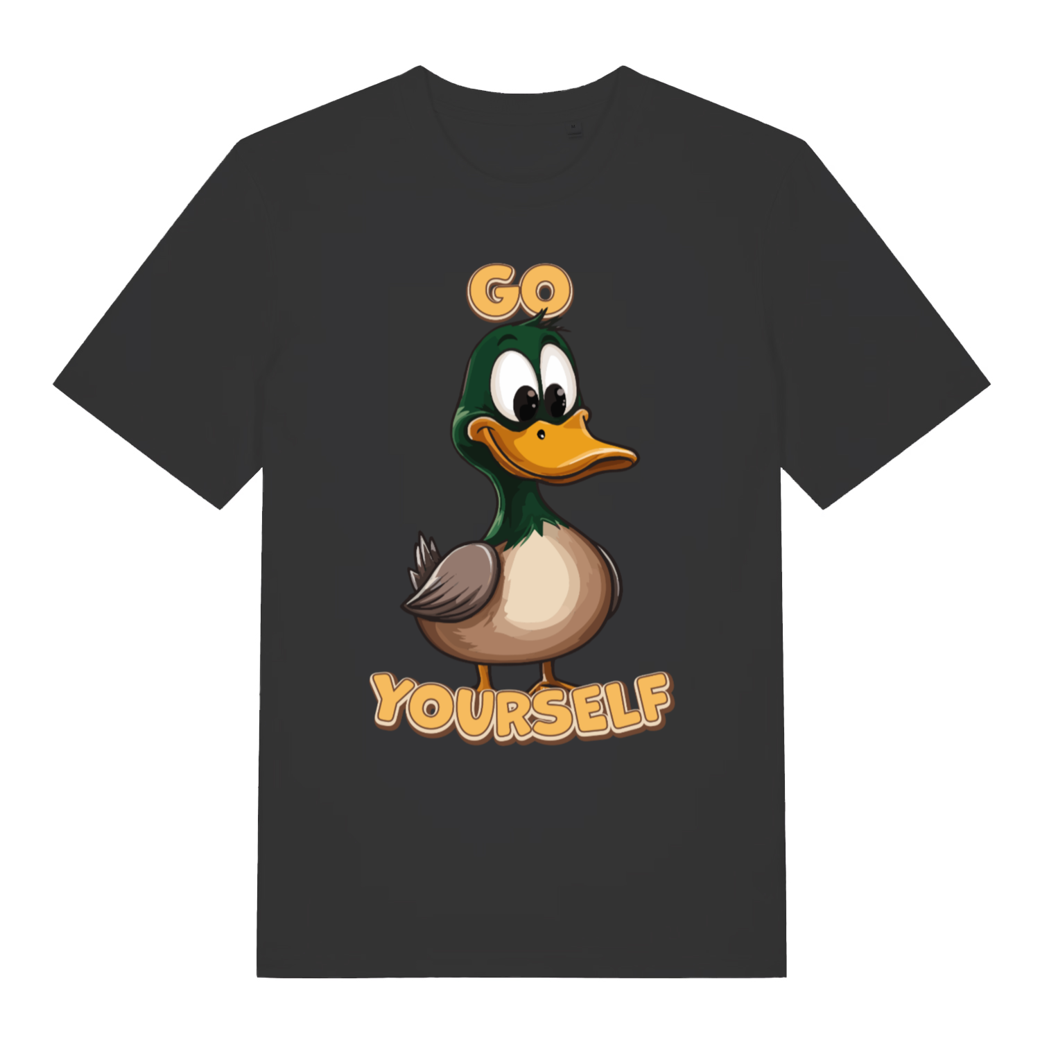 Black Go Duck Yourself T-shirt flat lay with sassy duck funny rude graphic