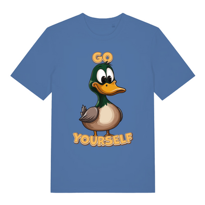 Blue Go Duck Yourself T-shirt flat lay featuring cheeky "Go Duck Yourself" duck design