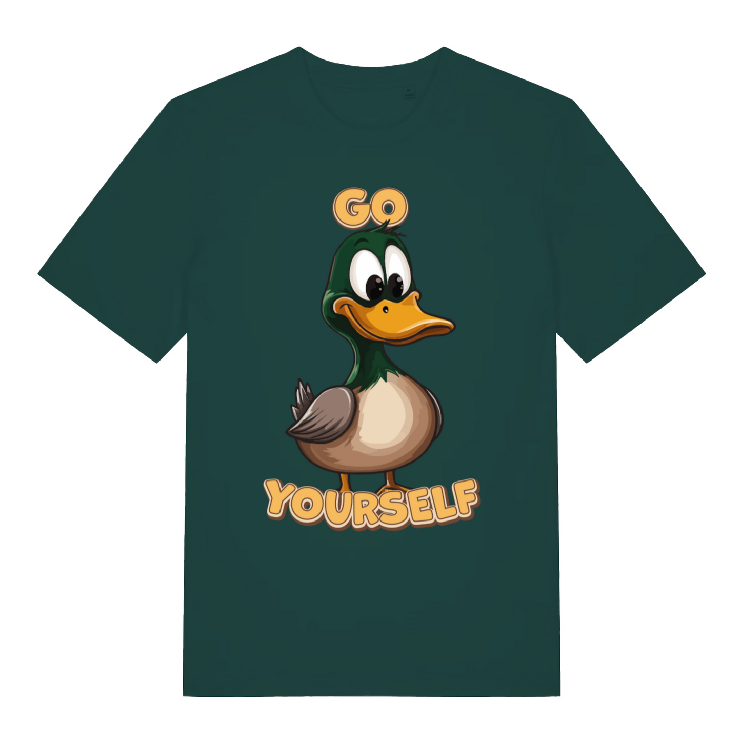 Green Go Duck Yourself T-shirt flat lay showing bold cartoon duck pun illustration