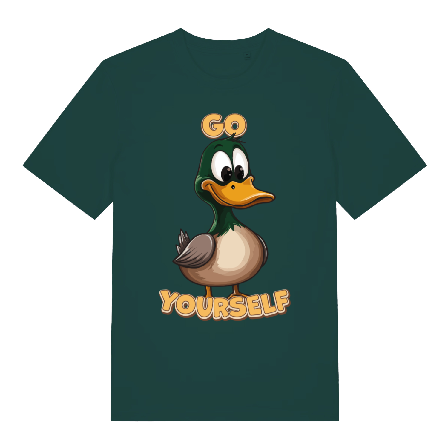 Green Go Duck Yourself T-shirt flat lay showing bold cartoon duck pun illustration