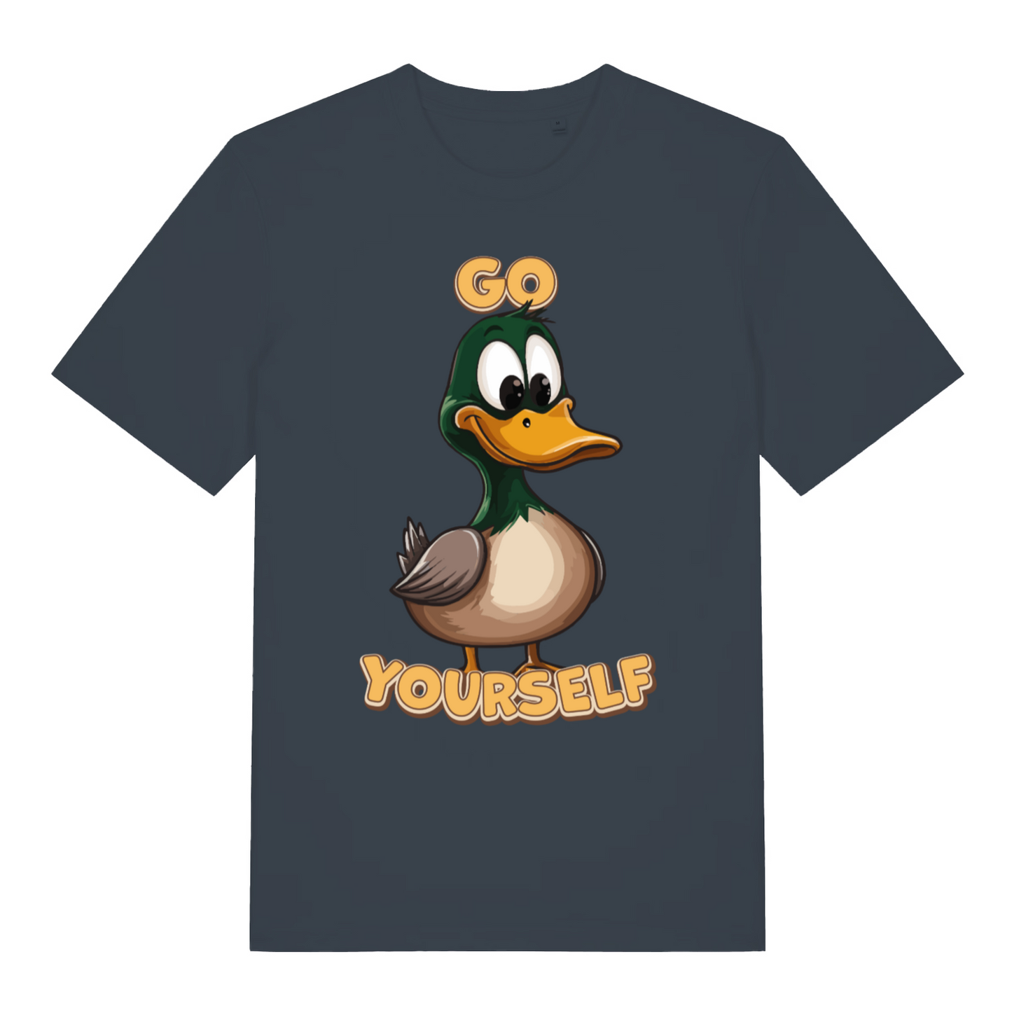Ink Grey Go Duck Yourself T-shirt flat lay with hilarious duck middle finger energy graphic