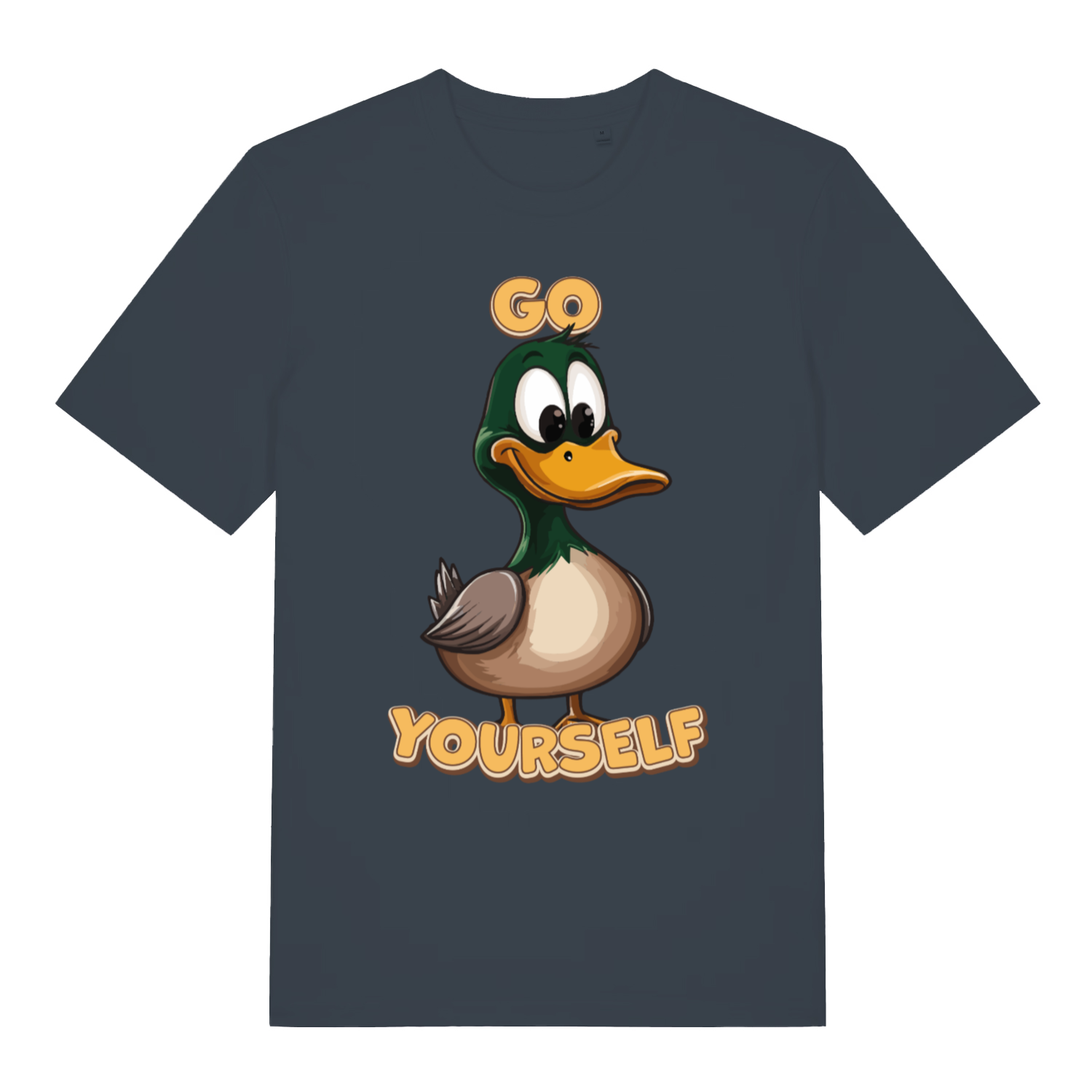 Ink Grey Go Duck Yourself T-shirt flat lay with hilarious duck middle finger energy graphic