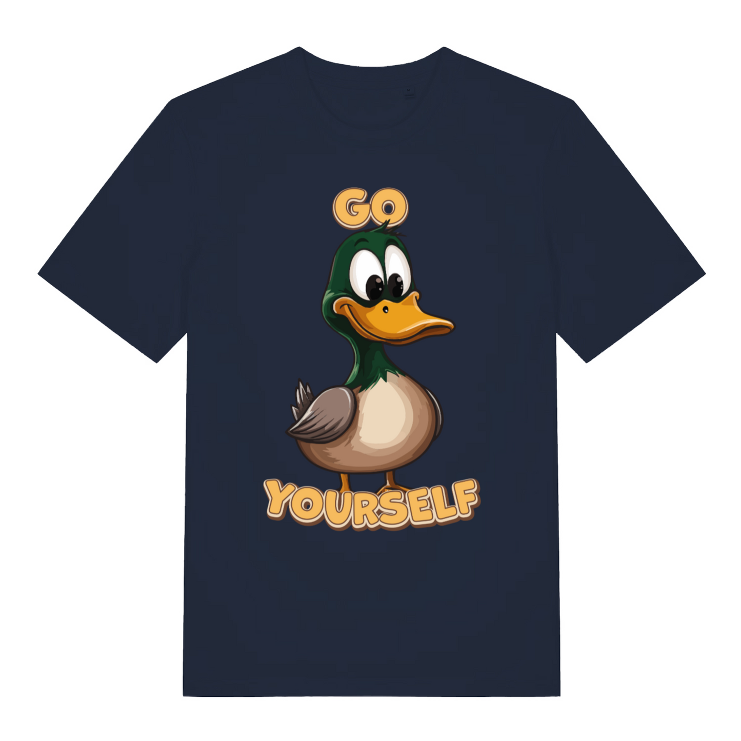 Navy Go Duck Yourself T-shirt flat lay displaying funny rude duck "Go Duck Yourself" artwork