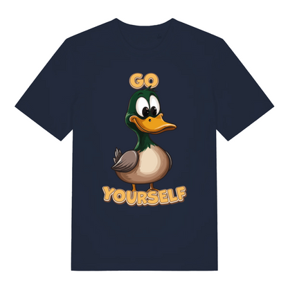 Navy Go Duck Yourself T-shirt flat lay displaying funny rude duck "Go Duck Yourself" artwork