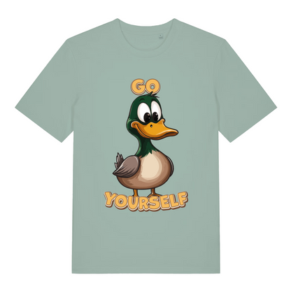 Aloe women's Go Duck Yourself T-shirt flat lay with sassy duck funny rude graphic