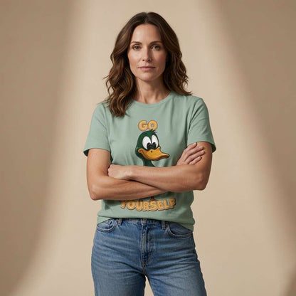 Woman with arms crossed in aloe Go Duck Yourself tee, witty rude duck pun ladies graphic