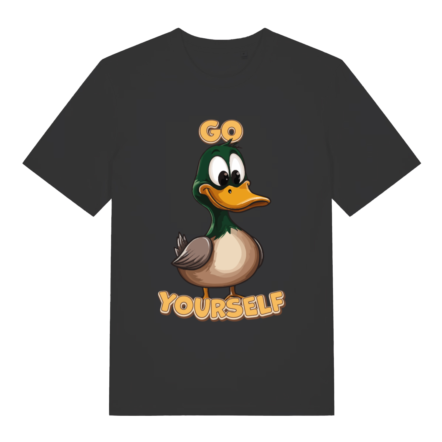 Black women's Go Duck Yourself T-shirt flat lay featuring cheeky "Go Duck Yourself" duck design