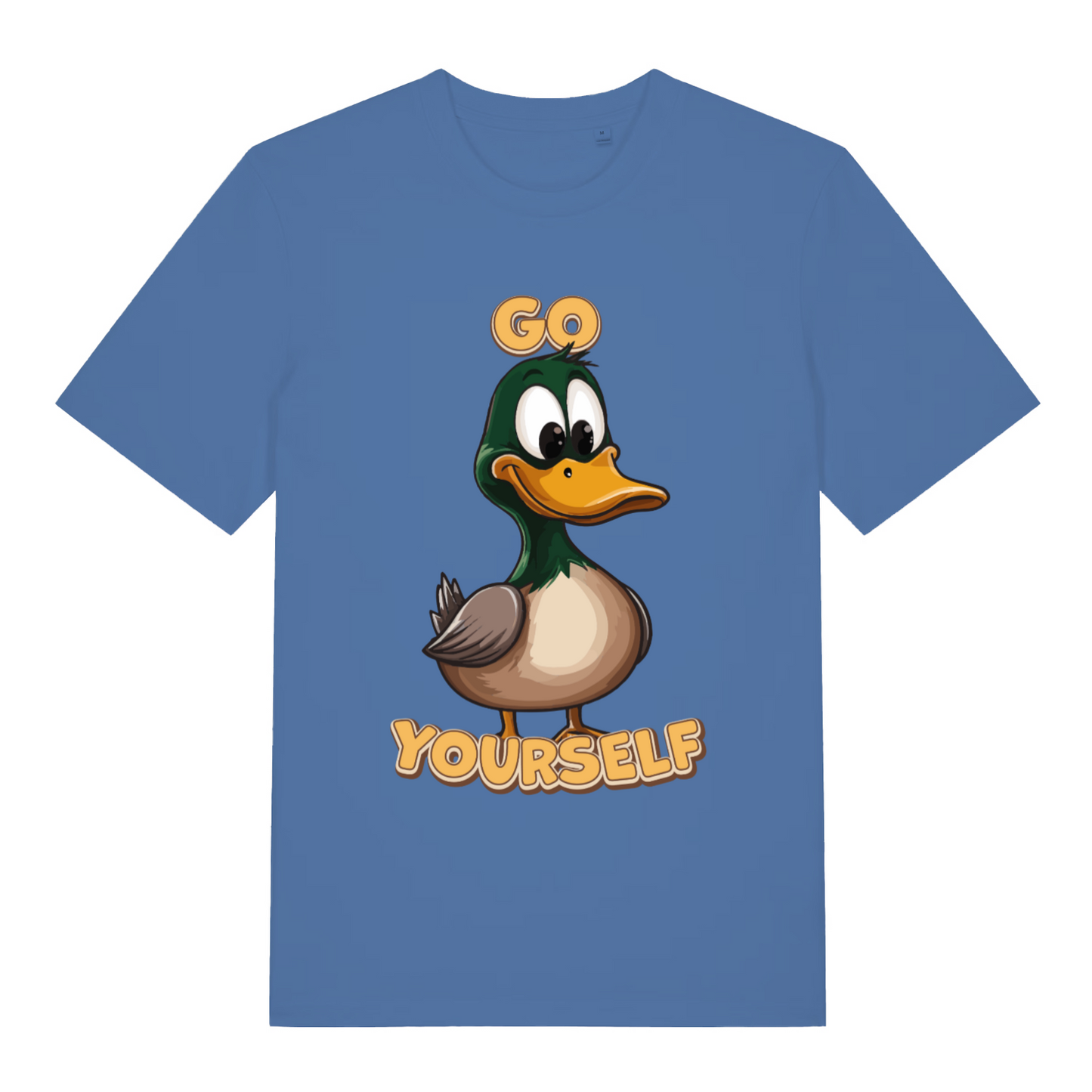 Blue women's Go Duck Yourself T-shirt flat lay showing bold cartoon duck pun illustration