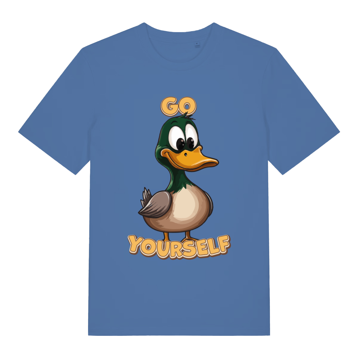 Blue women's Go Duck Yourself T-shirt flat lay showing bold cartoon duck pun illustration