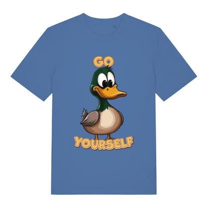 Blue women's Go Duck Yourself T-shirt flat lay showing bold cartoon duck pun illustration