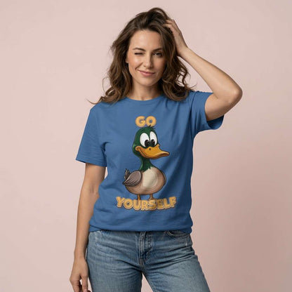 Woman winking with hand in hair in blue Go Duck Yourself t-shirt, funny cheeky rude duck pun