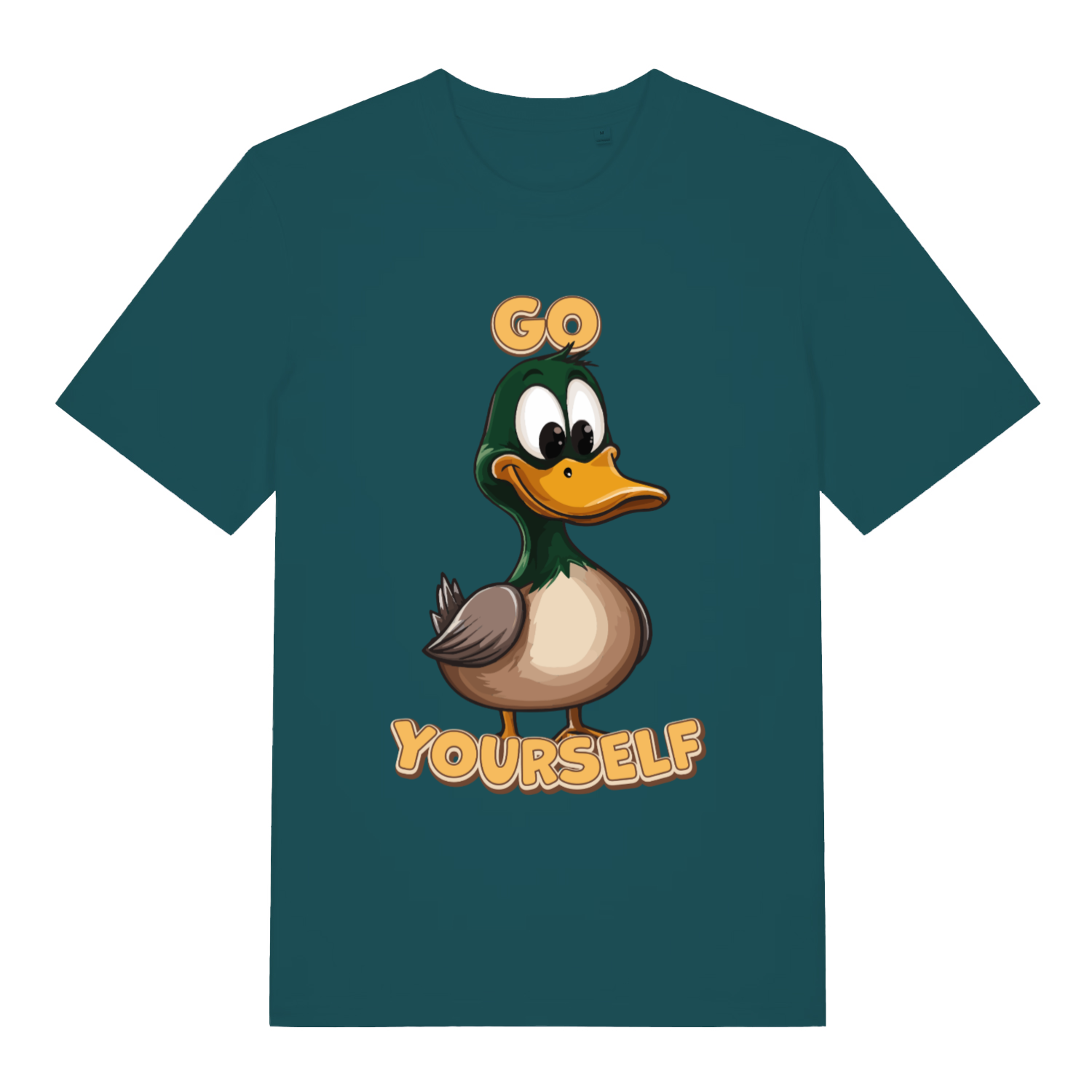 Green women's Go Duck Yourself T-shirt flat lay with hilarious duck middle finger energy graphic