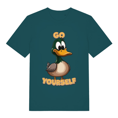 Green women's Go Duck Yourself T-shirt flat lay with hilarious duck middle finger energy graphic