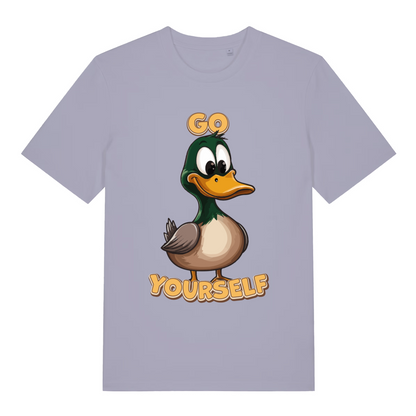 Lavender women's Go Duck Yourself T-shirt flat lay displaying funny rude duck "Go Duck Yourself" artwork