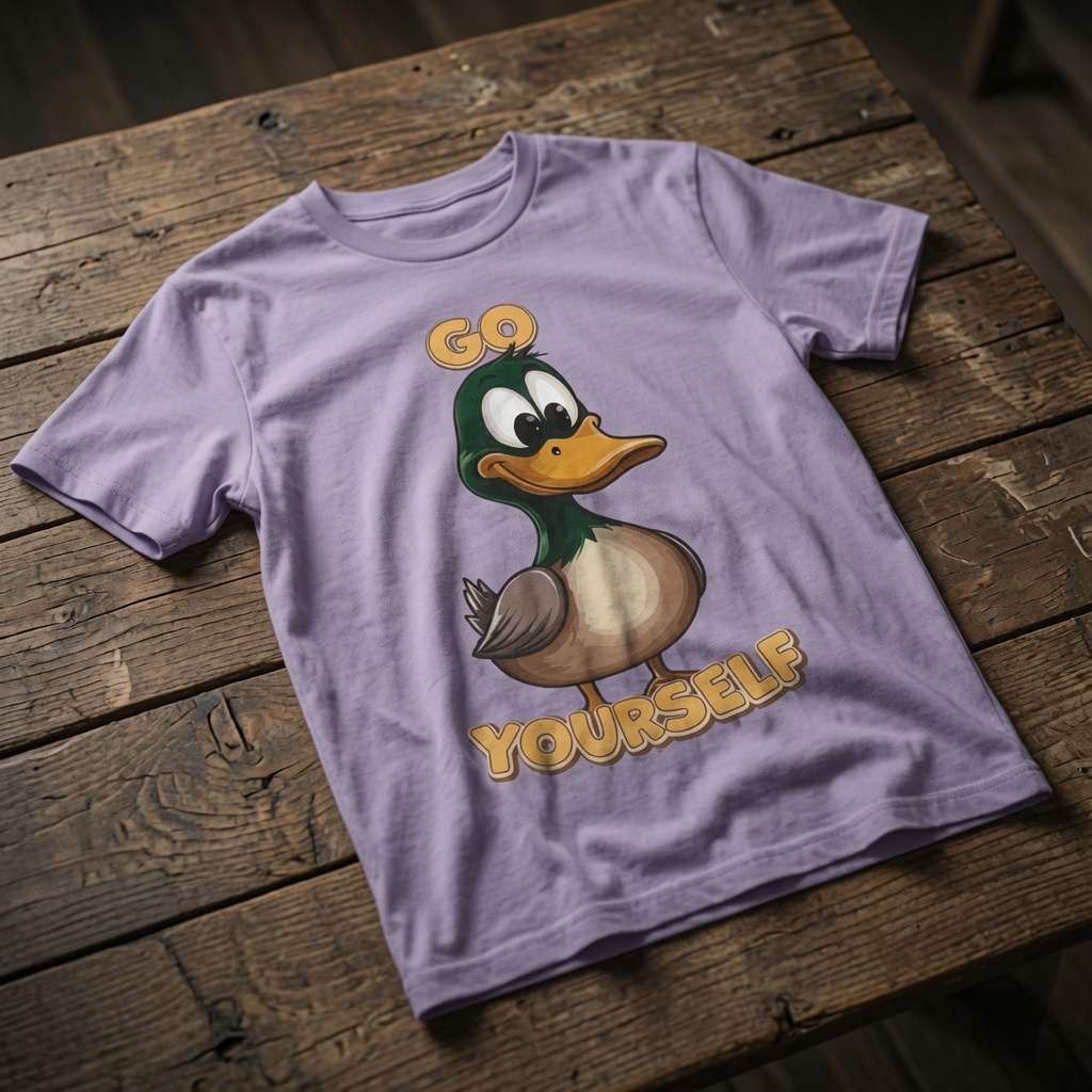 Lavender Go Duck Yourself t-shirt on wood featuring cartoon duck, funny cheeky animal pun graphic
