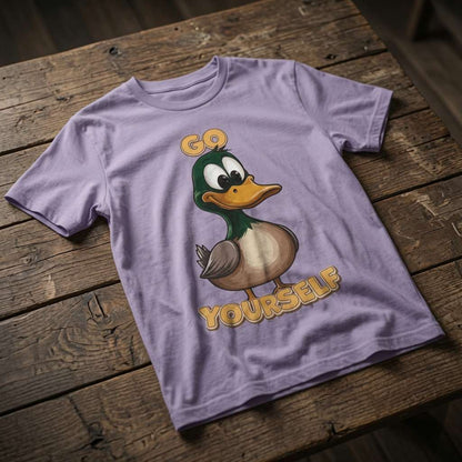 Lavender Go Duck Yourself t-shirt on wood featuring cartoon duck, funny cheeky animal pun graphic