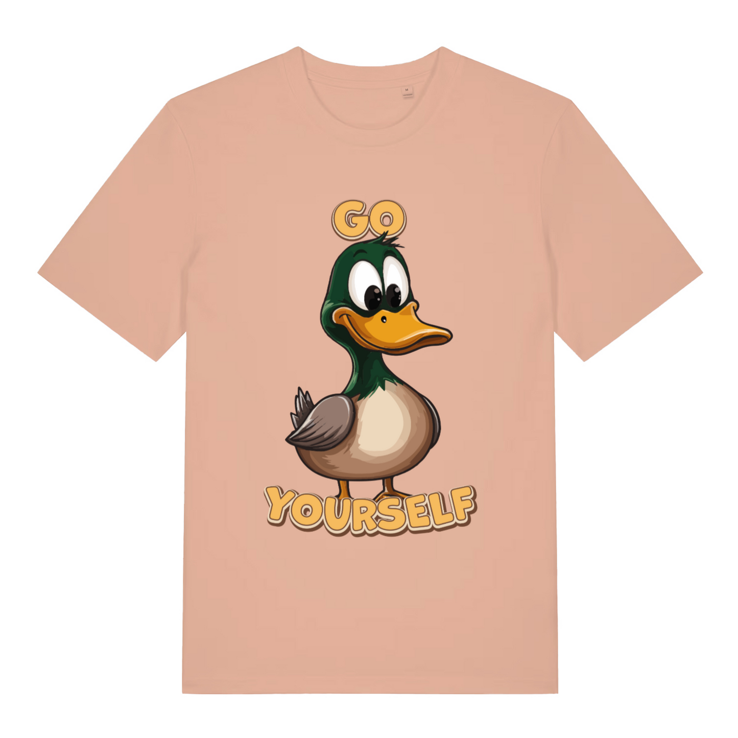 Peach women's Go Duck Yourself T-shirt flat lay with clean sassy duck graphic