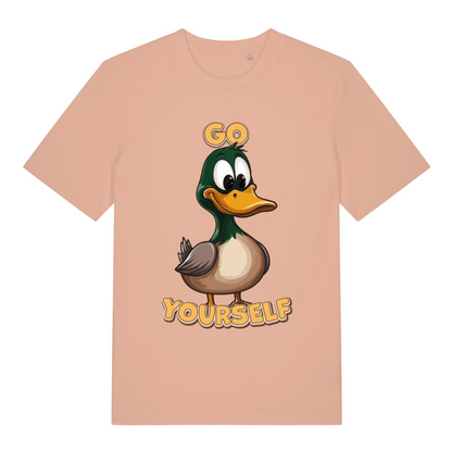 Peach women's Go Duck Yourself T-shirt flat lay with clean sassy duck graphic