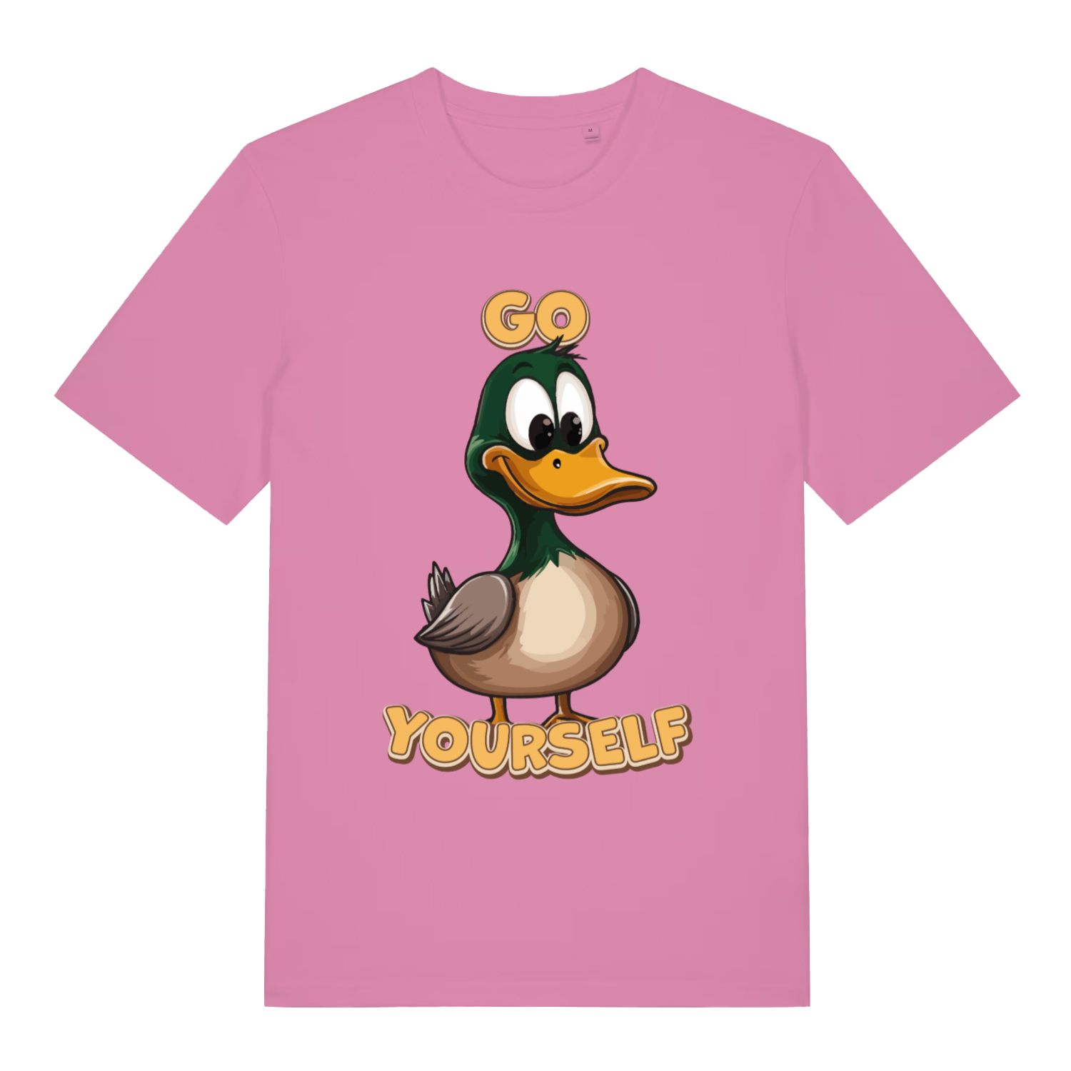 Pink women's Go Duck Yourself T-shirt flat lay showing playful rude duck pun design