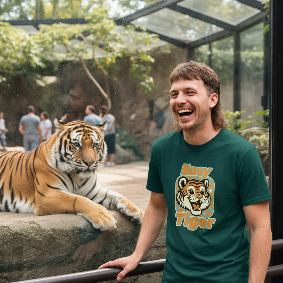 A man in a green "Easy Tiger" fun t-shirt laughs next to a glass enclosure housing a resting tiger. The scene is lively and cheerful, with a natural backdrop.